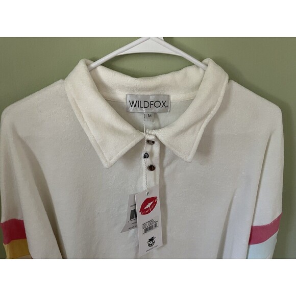 Wild Fox Candy Stripe Miami Polo Shirt Vanilla Terry Cloth Long Sleeve Medium - Picture 2 of 7